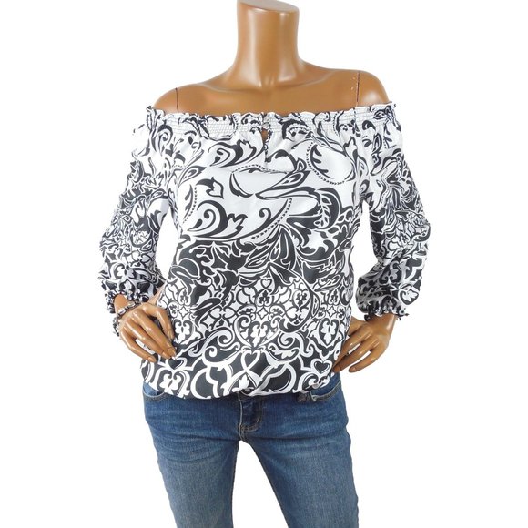 White House Black Market Tops - WHITE HOUSE BLACK MARKET Top L NWT Print Blouse Gem Buttons Party Shirt